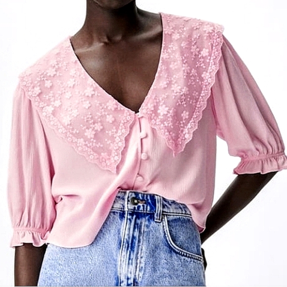Zara Tops - Zara Pink Cropped Blouse Sheer Lace Collar Button Front Long Sleeves Medium NWOT